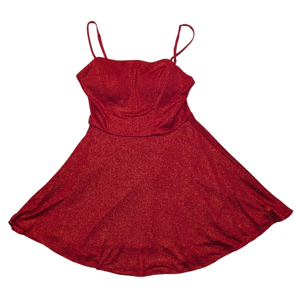 B. Smart Skater Dress Womens 6 Red Glitter Shimmer Fit Flare Mini